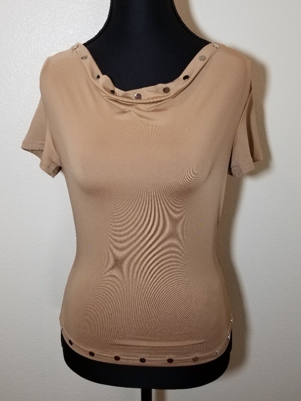 House of Thread Womens Small Tan Short Sleeve Blouse Studs Retro Y2K Grunge NWOT